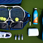 **Image Prompt:** A well-organized tennis bag, open to reveal essential equipment: a tennis racket (emphasizing head size and material), breathable athletic wear, tennis shoes with good grip, wristbands, sunglasses, a water bottle, a small first-aid kit with bandages, and an energy bar. Focus on the textures and details of each item.