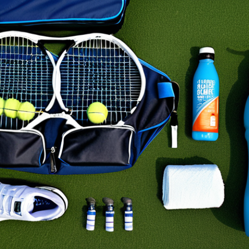 Home 11 **Image Prompt:** A well-organized tennis bag, open to reveal essential equipment: a tennis racket (emphasizing head size and material), breathable athletic wear, tennis shoes with good grip, wristbands, sunglasses, a water bottle, a small first-aid kit with bandages, and an energy bar. Focus on the textures and details of each item.