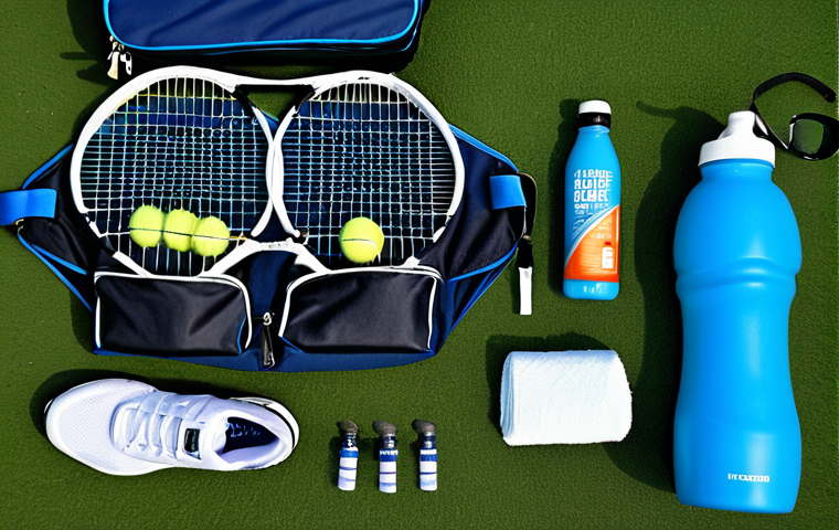 **Image Prompt:** A well-organized tennis bag, open to reveal essential equipment: a tennis racket (emphasizing head size and material), breathable athletic wear, tennis shoes with good grip, wristbands, sunglasses, a water bottle, a small first-aid kit with bandages, and an energy bar. Focus on the textures and details of each item.
