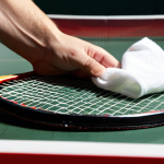 **Close-up of a table tennis racket being cleaned with a spray bottle and a soft cloth, emphasizing the different materials of the rubber surface.** (Focus: Material of the racket, cleaning spray)