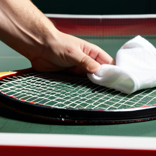 Home 6 **Close-up of a table tennis racket being cleaned with a spray bottle and a soft cloth, emphasizing the different materials of the rubber surface.** (Focus: Material of the racket, cleaning spray)