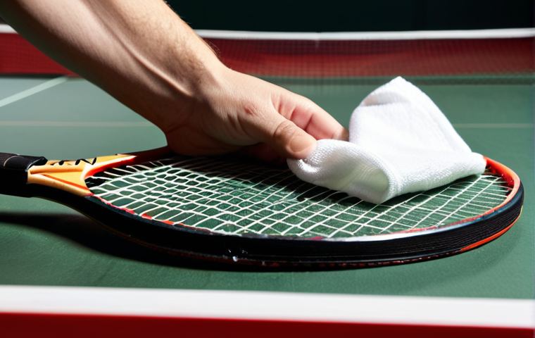 **Close-up of a table tennis racket being cleaned with a spray bottle and a soft cloth, emphasizing the different materials of the rubber surface.** (Focus: Material of the racket, cleaning spray)