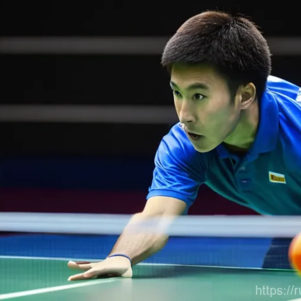 탁구 실력 향상을 위한 연습법 - **Dynamic Table Tennis Serve:** A male table tennis player, in peak athletic form, mid-action execut...