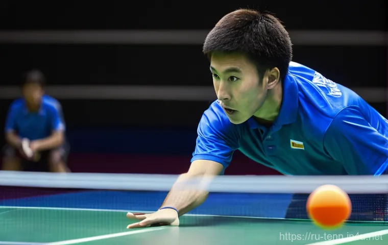 탁구 실력 향상을 위한 연습법 - **Dynamic Table Tennis Serve:** A male table tennis player, in peak athletic form, mid-action execut...