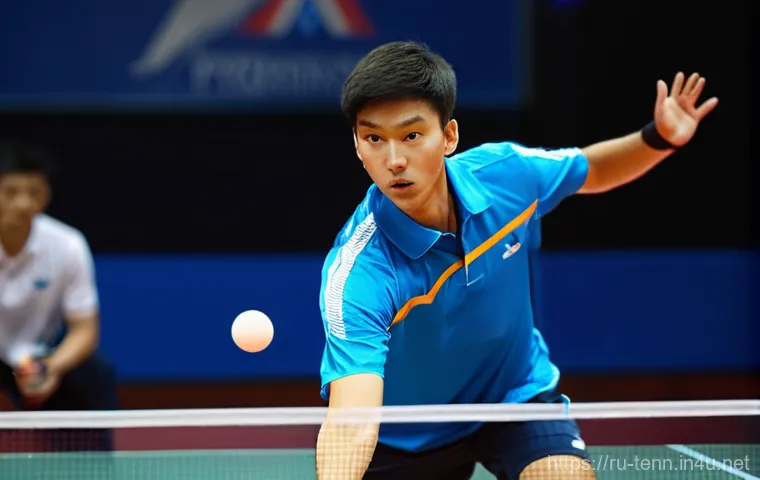 탁구 펜홀더와 쉐이크핸드 라켓 비교 - **Prompt: The Dynamic Shakehand Grip**
"A professional table tennis player, a male in his late 2...