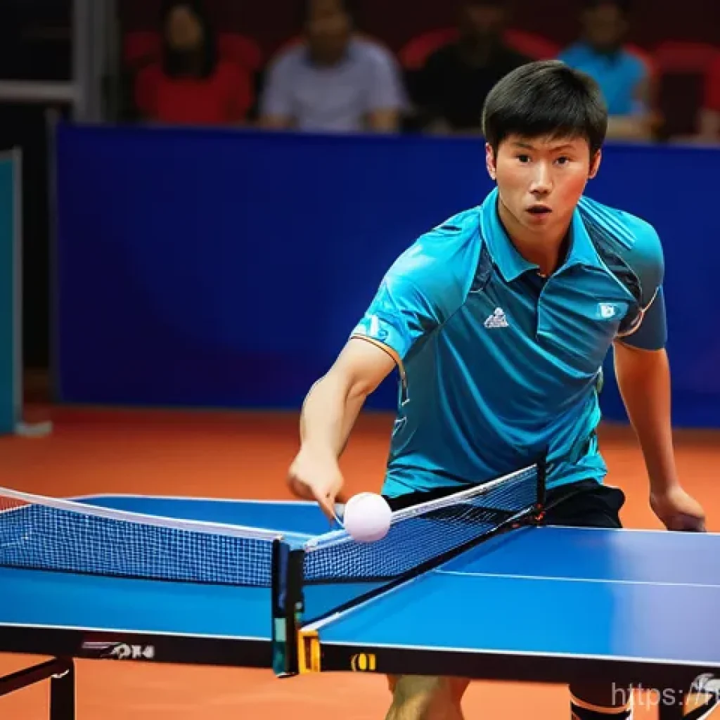 탁구 경기 중 흔한 실수와 대처법 - **Dynamic Ready Stance and Footwork:**
    "A professional male table tennis player, in peak physica...