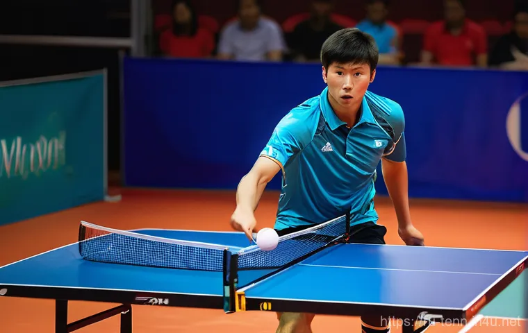 탁구 경기 중 흔한 실수와 대처법 - **Dynamic Ready Stance and Footwork:**
"A professional male table tennis player, in peak physica...