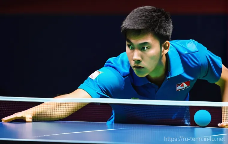 탁구 경기 중 흔한 실수와 대처법 - **Executing a Powerful Topspin Shot:**
    "A focused female table tennis player, mid-swing, perform...