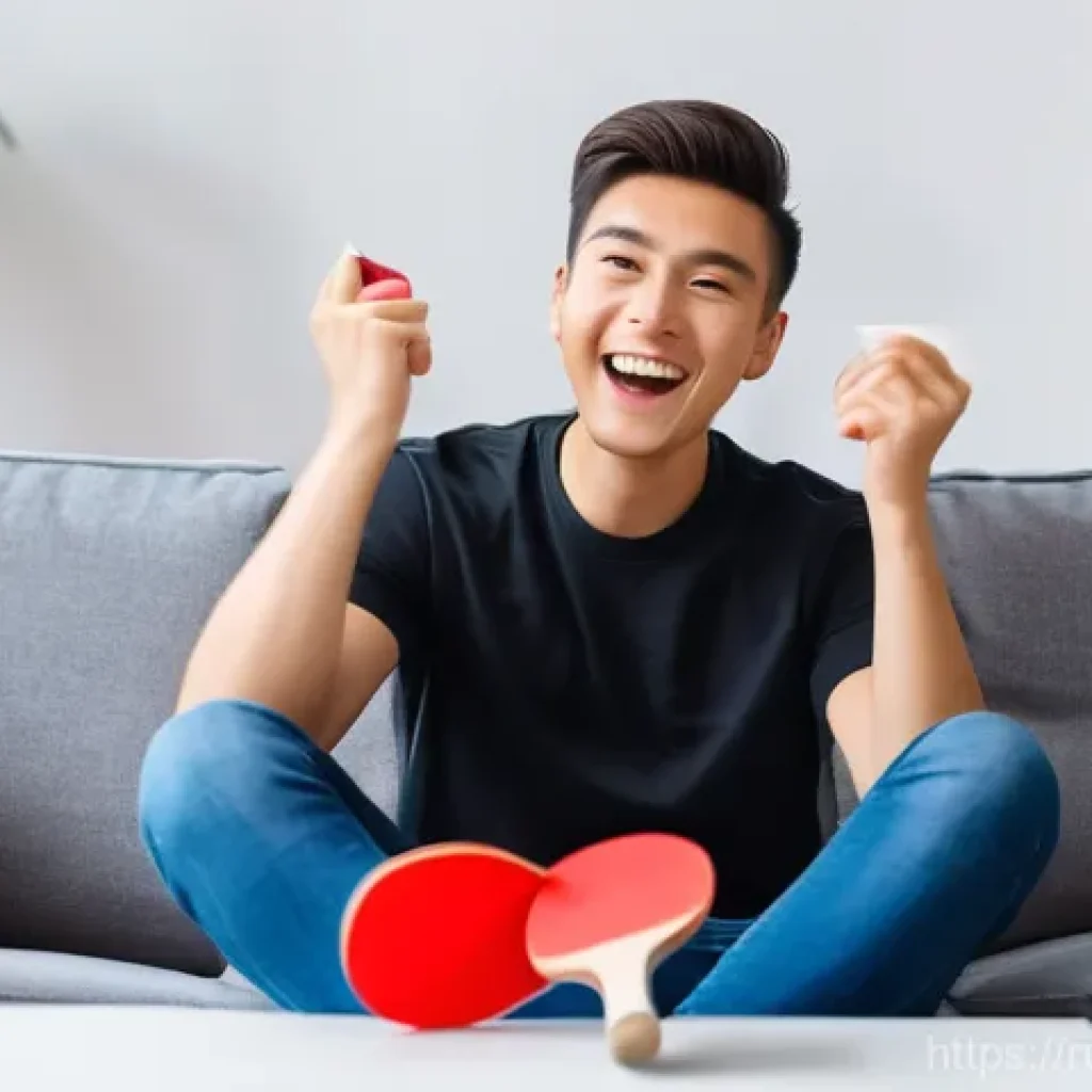 탁구 라켓 구매처 비교 - **Prompt:** A young adult, casually dressed in a comfortable t-shirt and jeans, is sitting on a sofa...