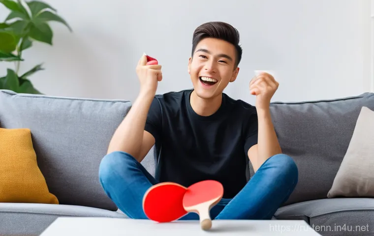 탁구 라켓 구매처 비교 - **Prompt:** A young adult, casually dressed in a comfortable t-shirt and jeans, is sitting on a sofa...