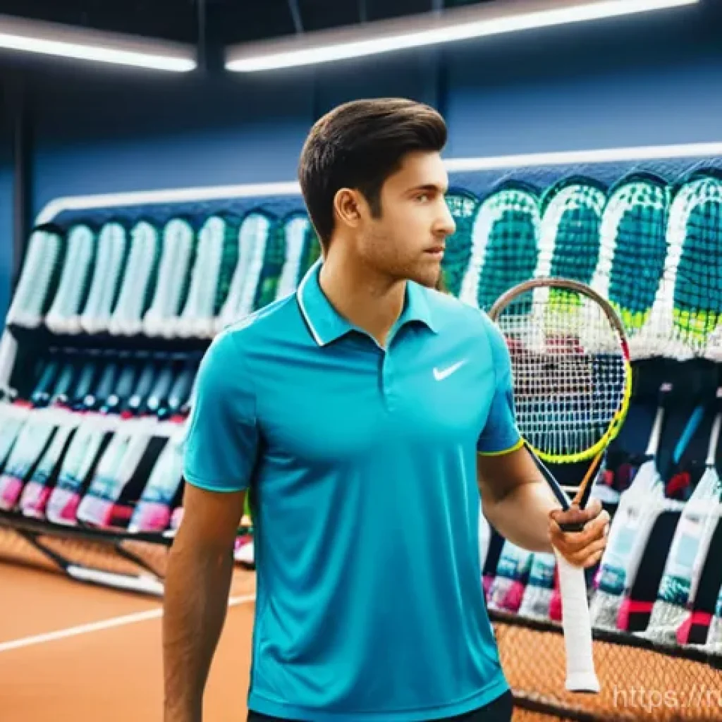 테니스 입문자의 장비 예산 - **Image Prompt 1: Thoughtful Racket Selection for a Beginner**
"A bright, well-lit scene inside ...