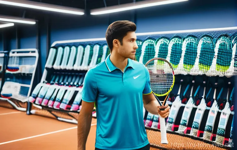 테니스 입문자의 장비 예산 - **Image Prompt 1: Thoughtful Racket Selection for a Beginner**
"A bright, well-lit scene inside ...