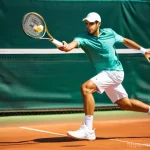 테니스 훈련용 장비 선택 가이드 - **"A determined male tennis player, mid-twenties, powerfully striking a forehand on a sun-drenched c...