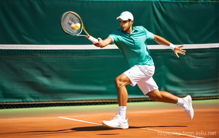 테니스 훈련용 장비 선택 가이드 - **"A determined male tennis player, mid-twenties, powerfully striking a forehand on a sun-drenched c...