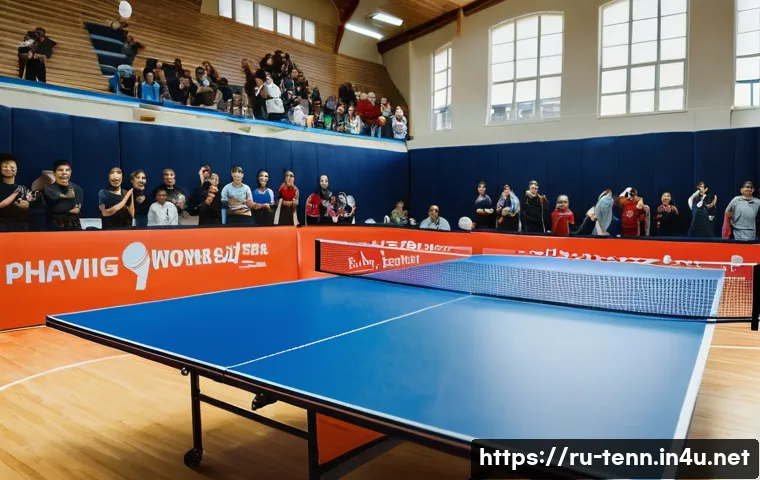 탁구 대회 참가 방법 - **Prompt:** An energetic, wide-angle shot of an amateur table tennis tournament in a well-lit commun...
